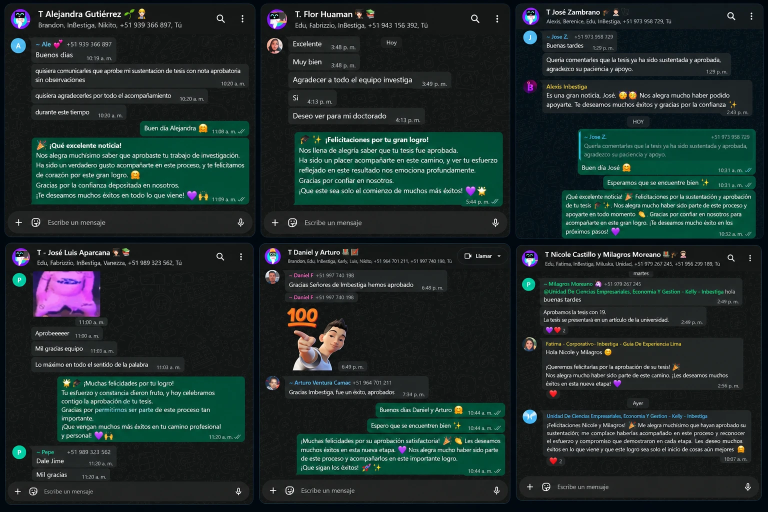 Mensajes de tesistas de Inbestiga que celebran la aprobación de su sustentación y la culminación de su tesis