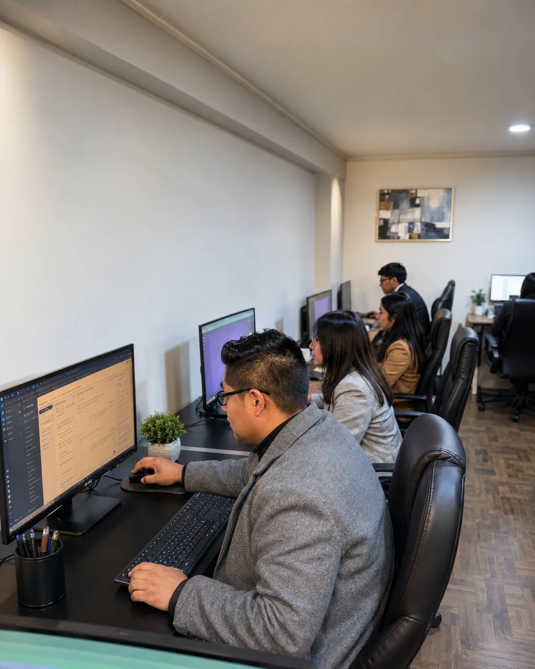 Equipo trabajando en estaciones compartidas
