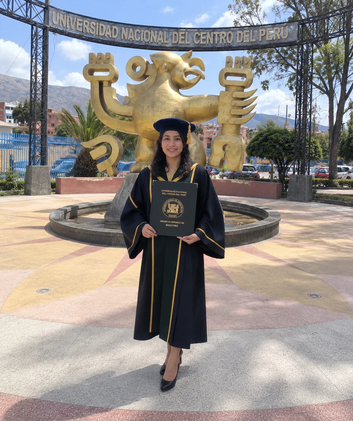 Graduada con diploma frente a su universidad